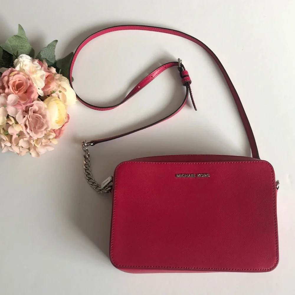 Michael Kors Jet Set Crossbody Raspberry Pink Red Leather MK Crossbo